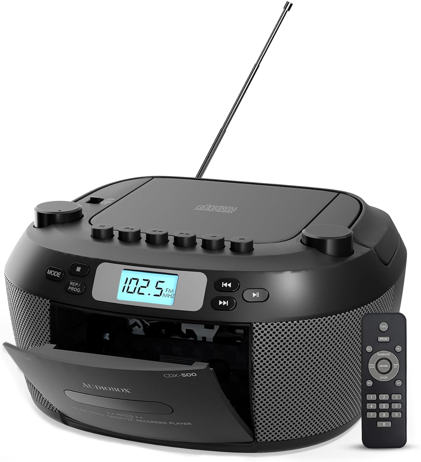 Audiobox Portable CD & Cassette Player, Bluetooth 5.3 Boombox, AM/FM Radio, USB, MicroSD, AUX Input, Dual, with Remote Control – Black