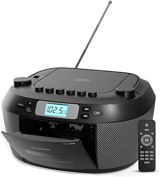 مشغل أقراص مضغوطة وأشرطة كاسيت محمول من Audiobox، مزود بلوتوث 5.3، راديو AM/FM، USB، MicroSD، مدخل AUX، مزدوج، مع جهاز تحكم عن بعد باللون الأسود