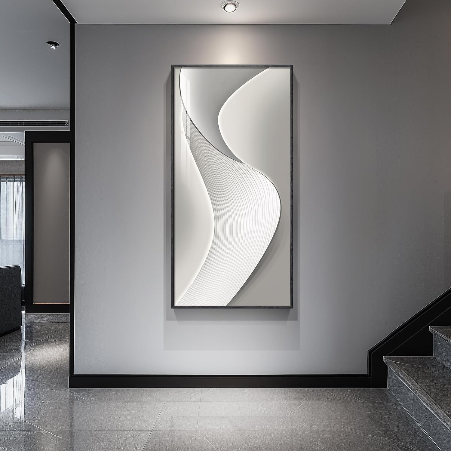 Large Framed Modern Abstract Vertical Wall Art for Living Room, Bright Style Luxury Art Prints Paintings Artwork for Walls, Silver Gray Minimalist Pictures for Hallway Entryway Foyer Stair Office Wall Decor 30x60 In