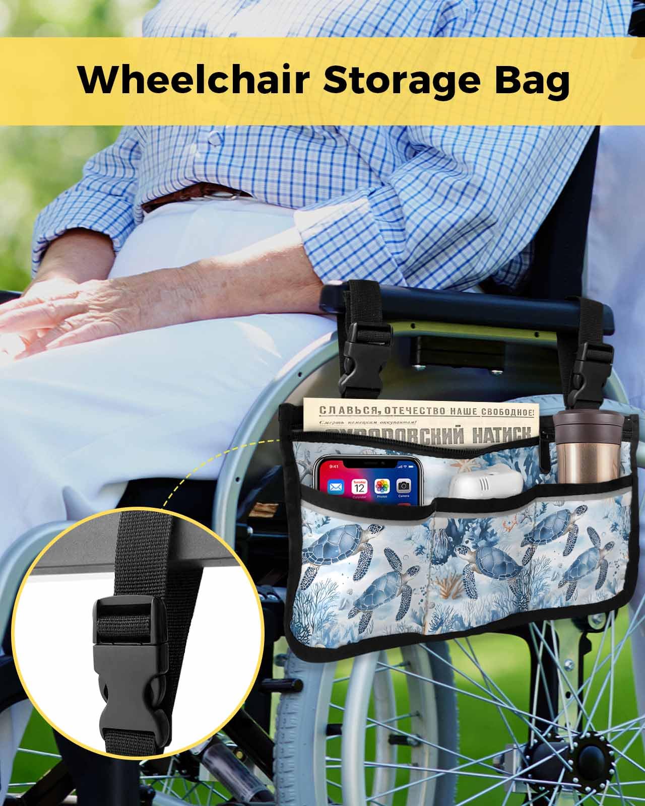 Coastal Blue Wheelchair Bag with Cup Holder Walker Bag with Reflective Stripes for Seniors Electric Wheel Chair Accessories for Adults Ocean Coral Jellyfish Wheelchair Side Bag for Rollator