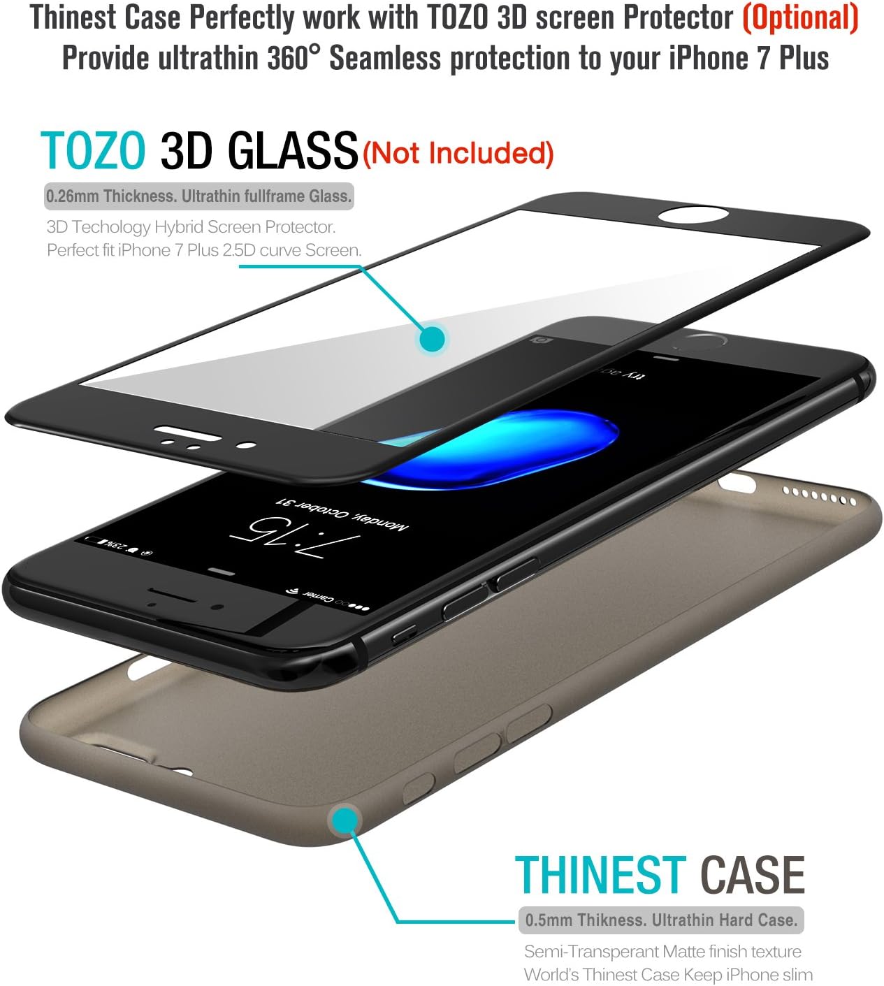 TOZO for iPhone 7 Plus/iPhone 8 Plus Case PP World's Thin Protect Case 5.5 inch. Matte Black