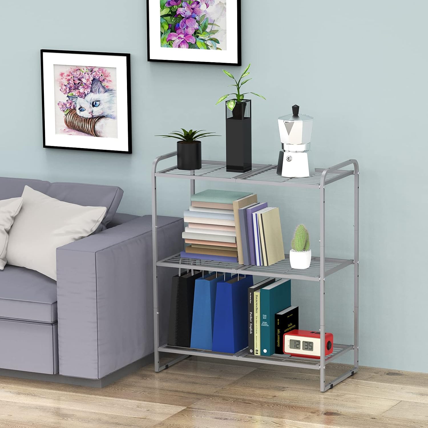 Simple Trending 3-Tier Stackable Wire Shelving Unit Storage Rack, Expandable Adjustable Kitchen Storage Cabinet Shelf Organizer, Silver