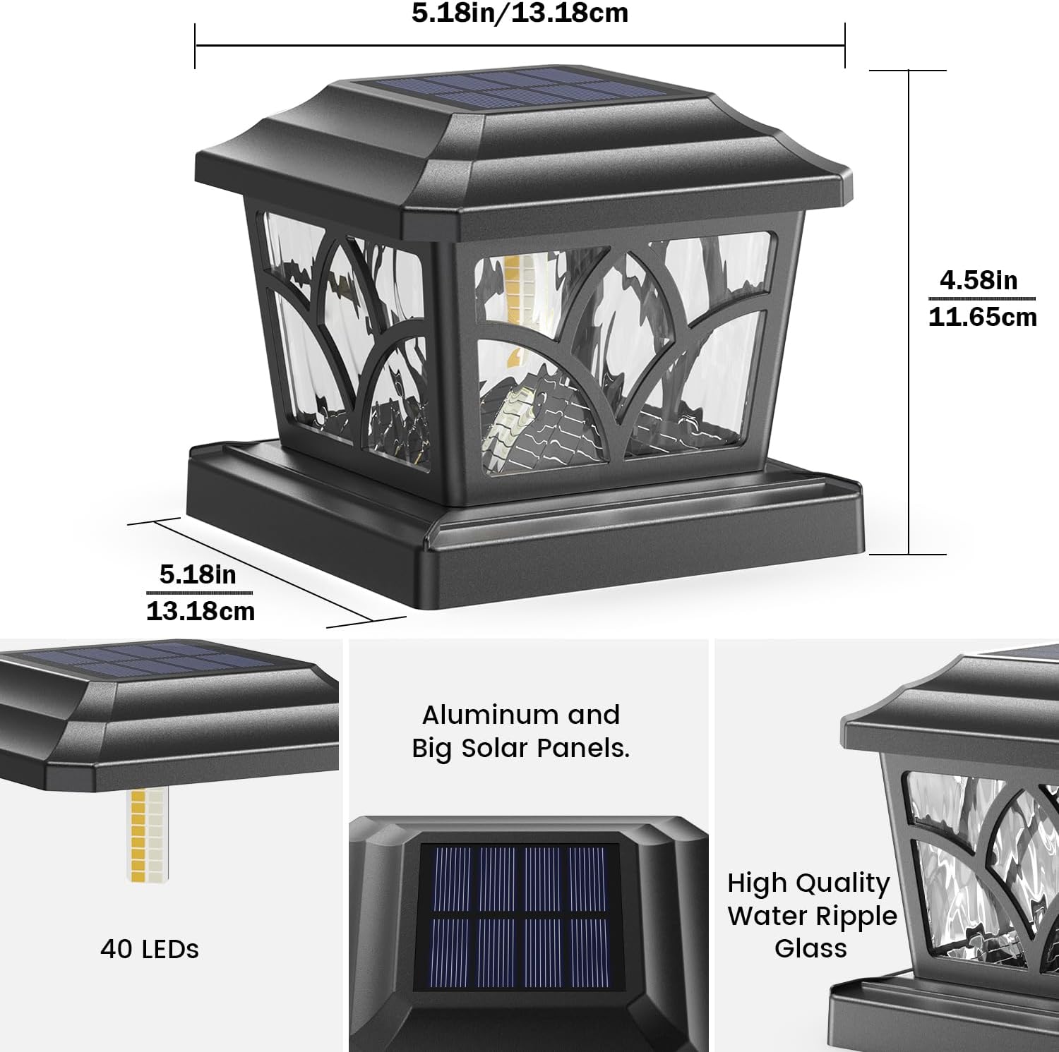 SIEDiNLAR Solar Post Cap Lights Outdoor 4 Modes 40 LEDs Aluminum Glass Fence Post Light for 4x4 5x5 6x6 Wooden Vinyl Posts Deck Patio Decor, Warm White & Cool White Dynamic Lighting Black (6 Pack)