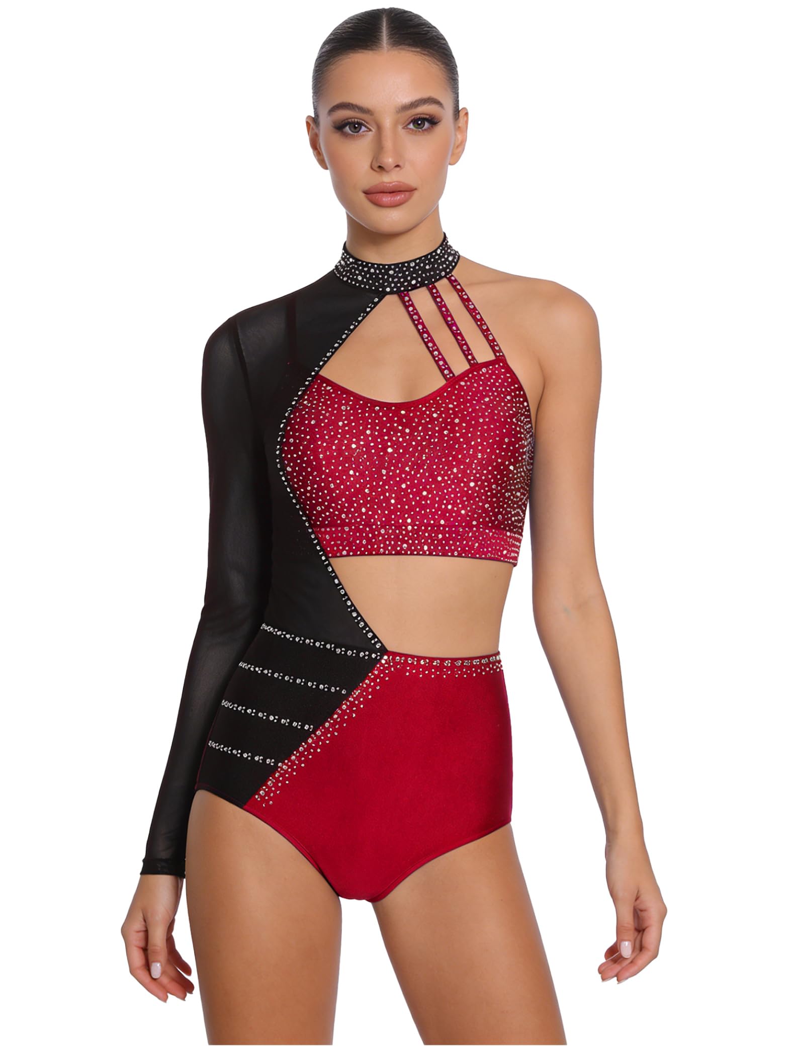 Combinaison ballet brillante avec strass et manches longues danse