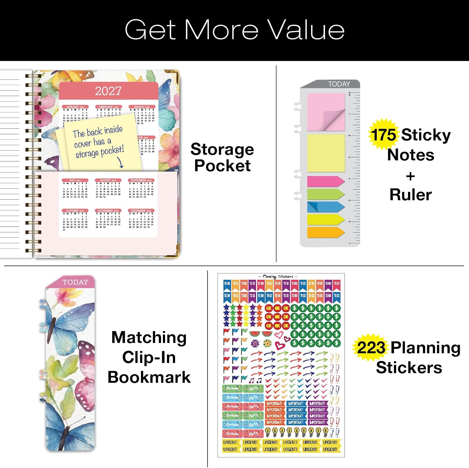HARDCOVER Academic Year 2026-2027 Planner: 14 Months (May 2026 Through June 2027) 8.5"x 11" Daily Weekly Monthly Planner Yearly Agenda. Bookmark, Pocket Folder and Sticky Note Set (Watercolor Butterflies)