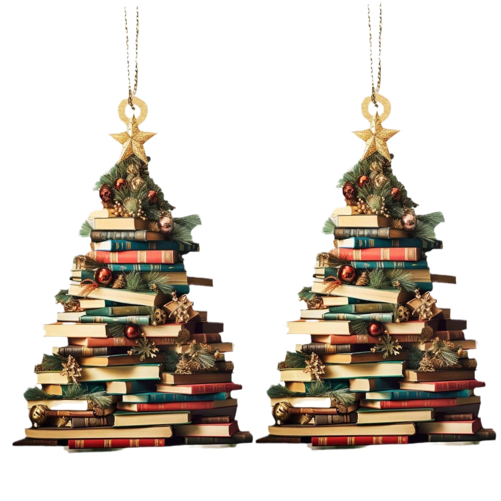 Ngbbby 2Pcs Christmas Tree Shape Bookshelf Pendant, Acrylic 2D Christmas Ornaments, Books Stacked Hanging Little Trees Ornaments, Tree Decorations
