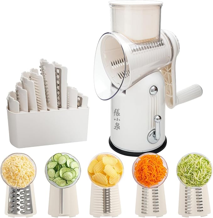 ZHANG XIAO QUAN SINCE 1628 5-in-1 Interchangeable Blades Rotary Cheese Grater Hand Crank, Tumbling Box Mandoline Vegetable Julienne Slicer Cutter Nut Chopper Slicer with Anti-Slip Base, Blade Storage