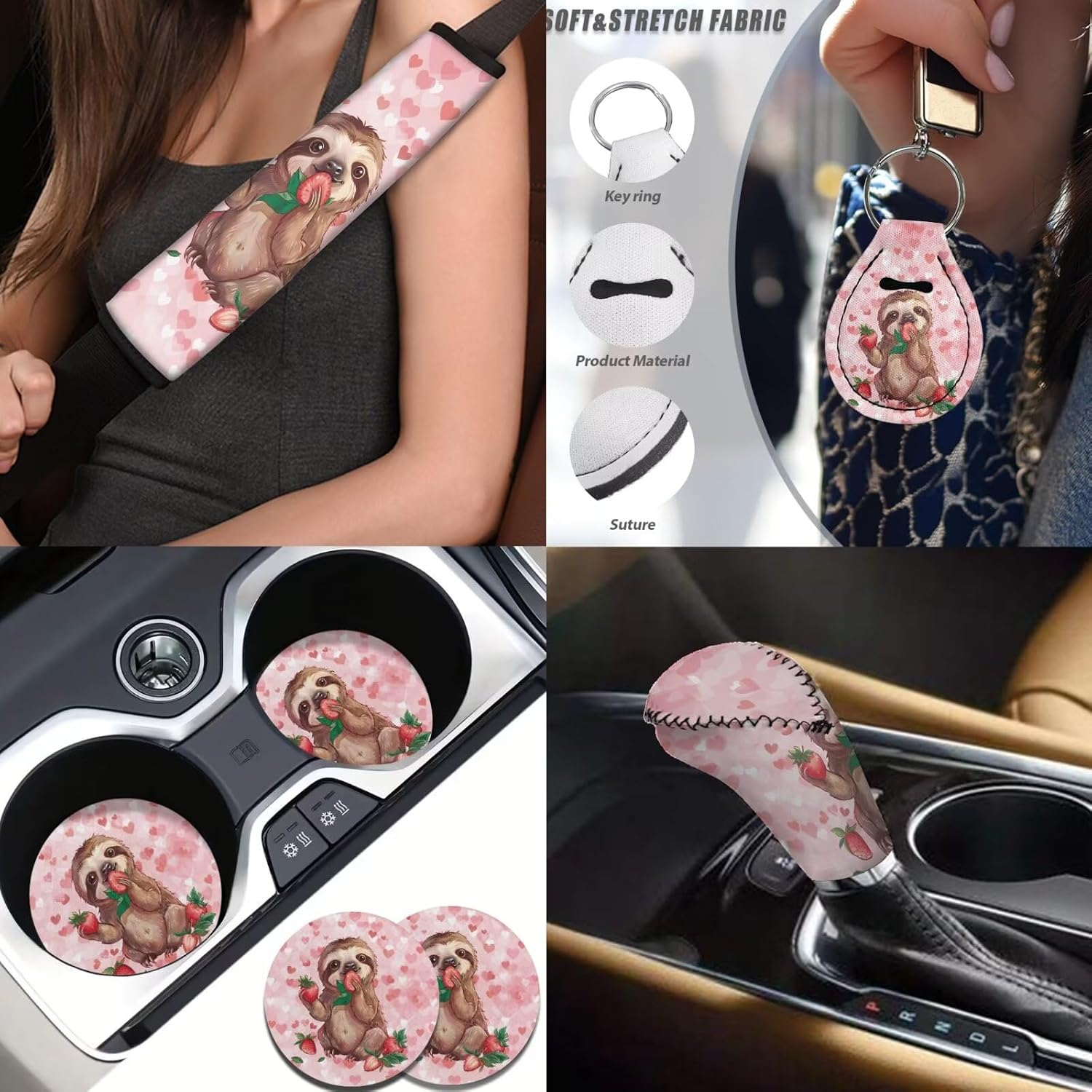 Lovely Sloth Auto Front Rear Seat Cover Set for Women Girly Cute Car Interior Accessories 14 Pcs Pink Sloth Steering Wheel Cover Seatbelt Pads Cup Coaster Car Armrest Cover
