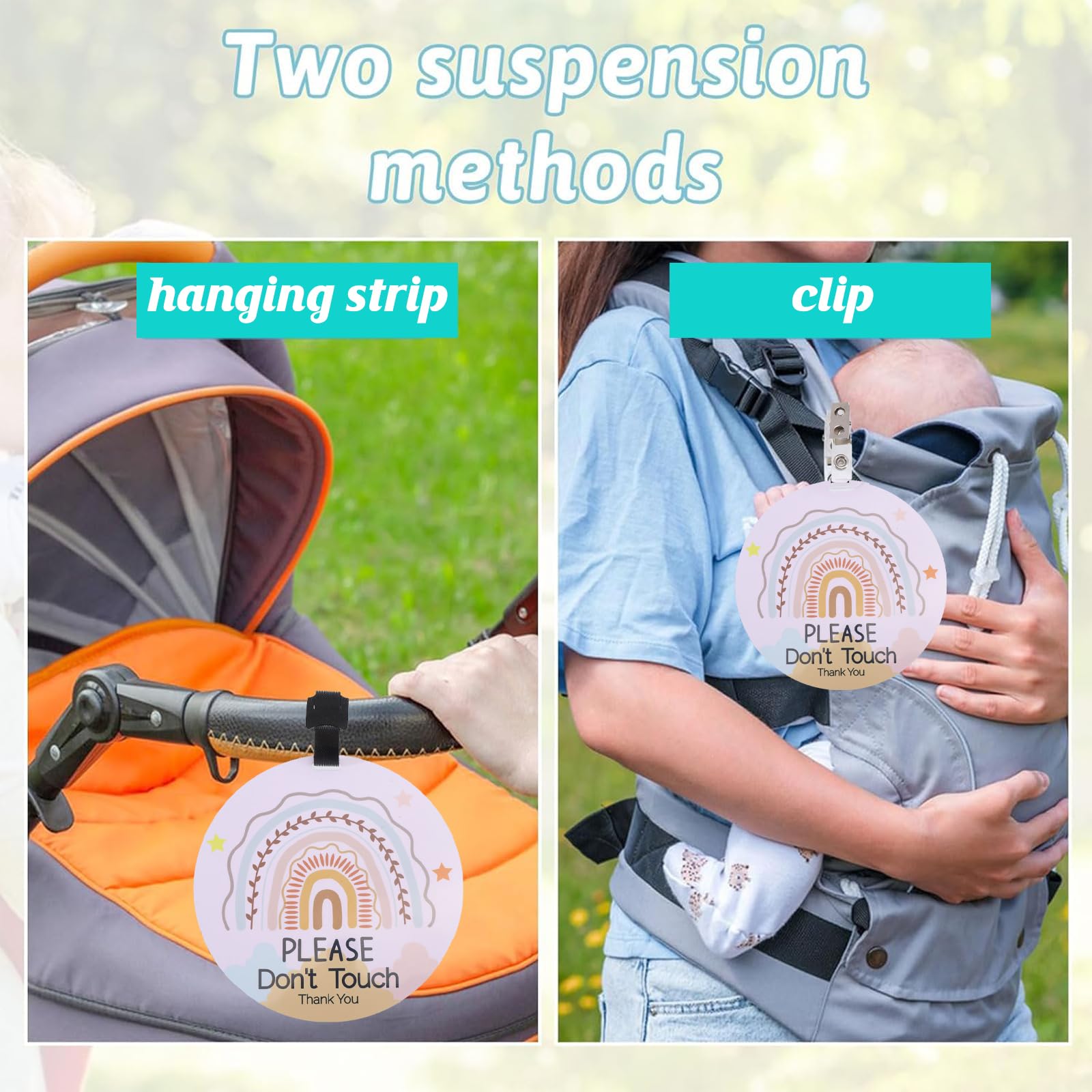 ORIGACH Set di 2 Etichette per Passeggino "Non Toccare", Modello Bohémien Arcobaleno con Cintre di Sospensione e Clip, Etichette di Sicurezza per Neonati da Applicare su Seggiolino Auto e Culla