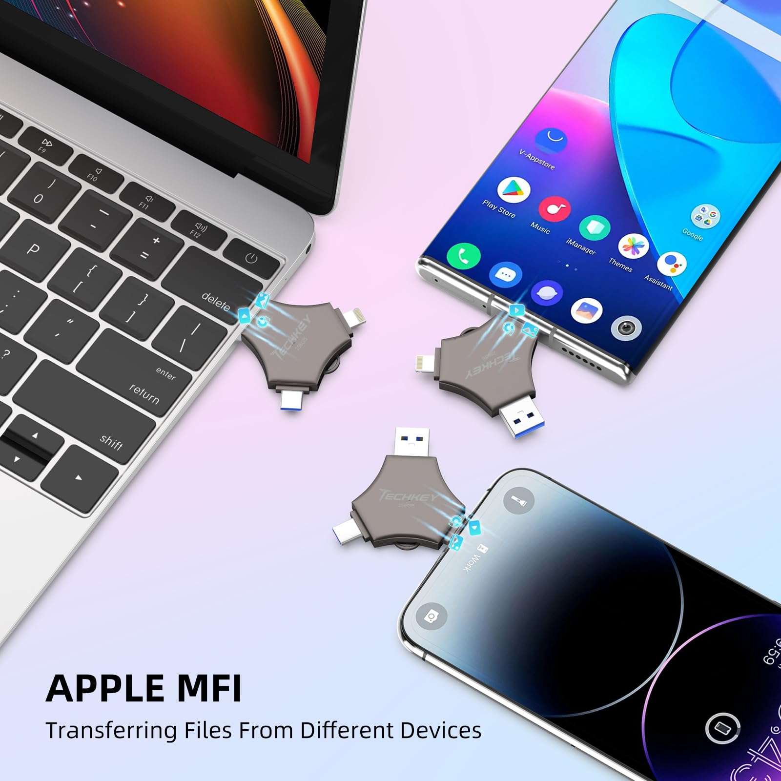 Chiavetta USB 3.0 certificata MFi da 256 GB per iPhone, memoria esterna 3 in 1 per foto, video, salvataggio dati, backup, ad alta velocità, per iPad/Android/PC (nero)