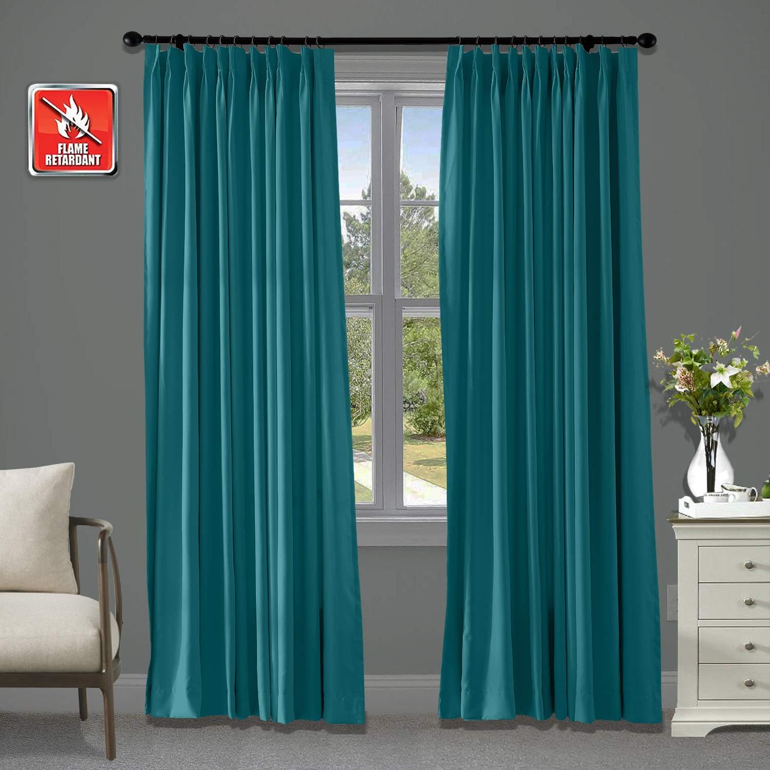 Frelement Saxony Blue Fireproof Curtains Room Darkening Privacy Pinch Pleat Flame Retardant Curtains for Nursery, Kitchen, Schools, 72W x 84L Inches, 1 Panel
