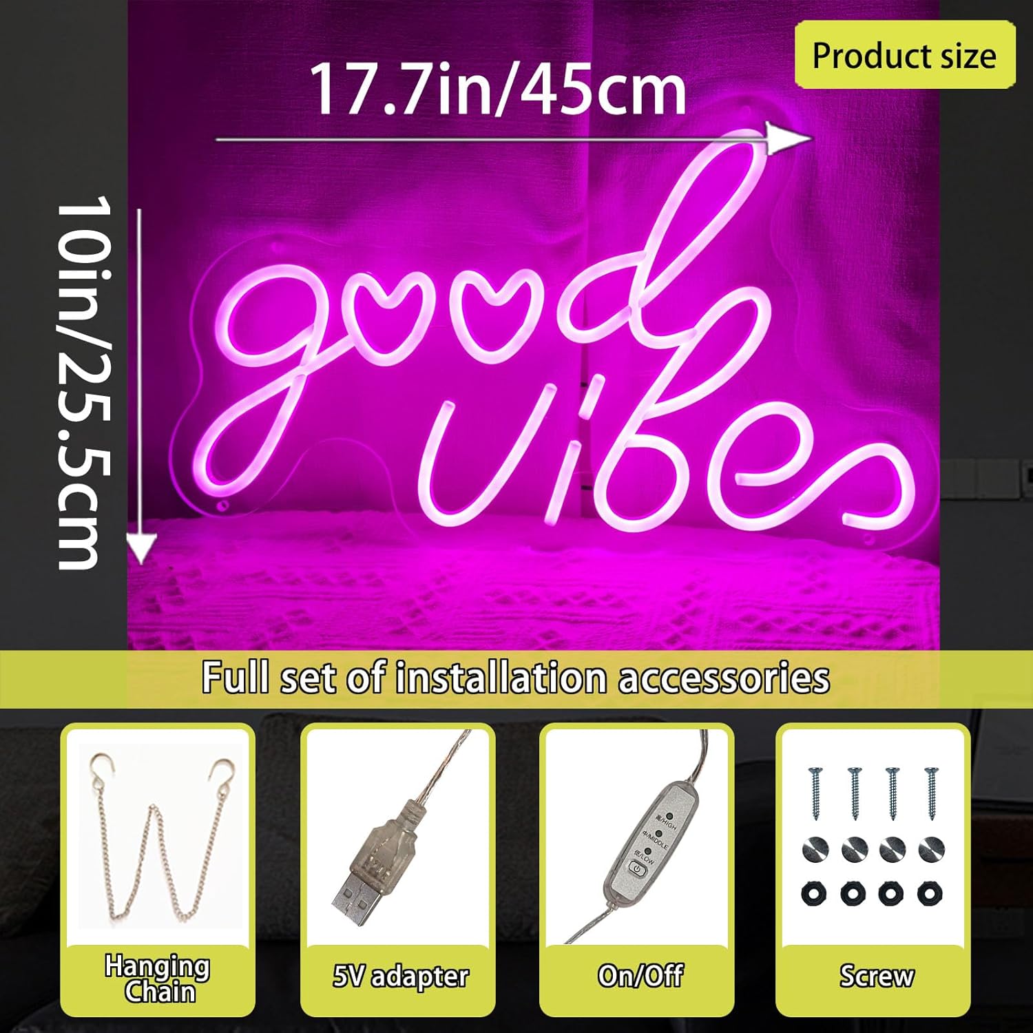 Good Vibes Neon Signs for Wall Deco,17.7*10 inches Led Neon Lights Signs with Dimmable, USB Operated Pink Good Vibes Neon Lights Sign,perfect for Girls Room,Bedroom, Birthday Party, Wedding, Pub Bar, Shop, Room, Gifts