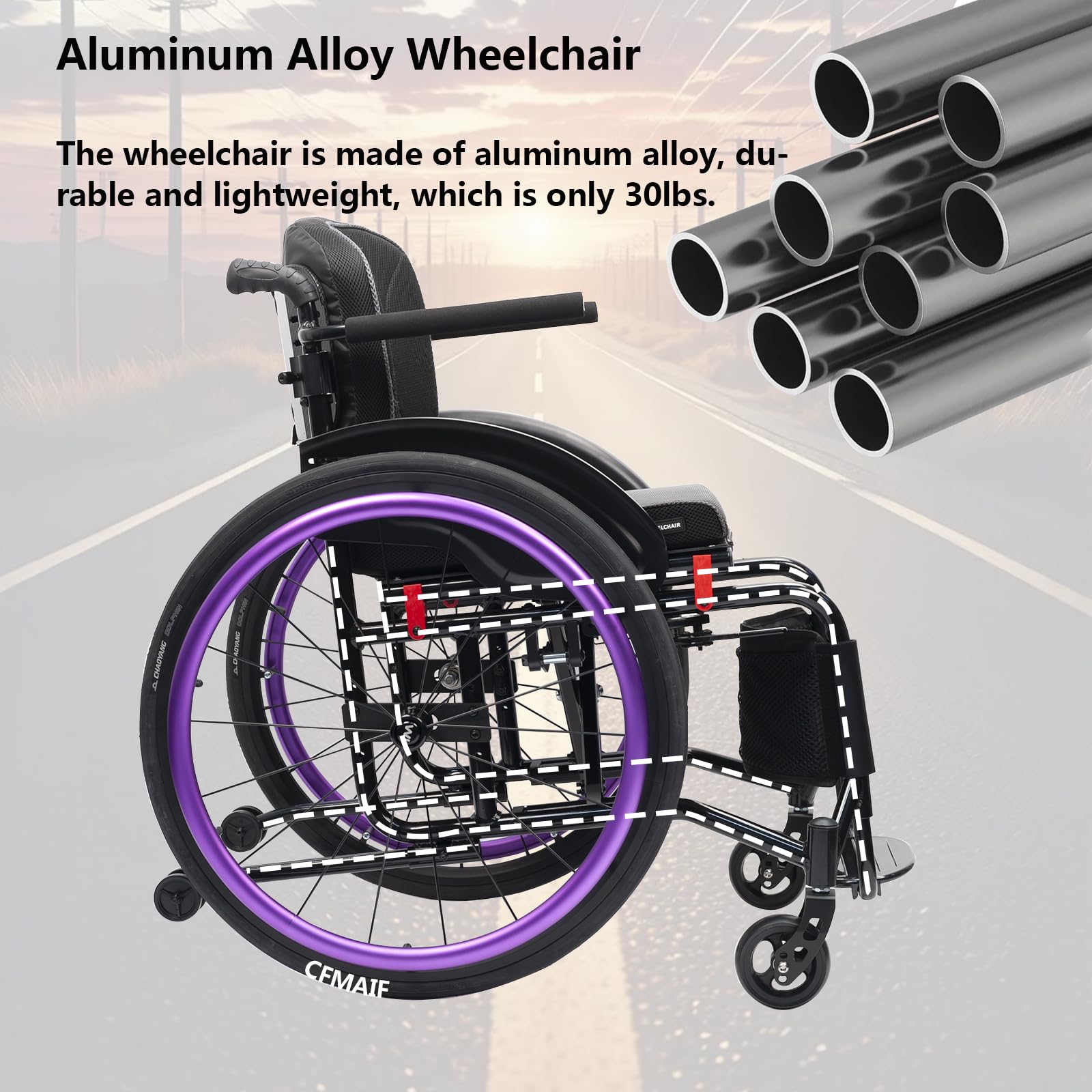 Wózek inwalidzki dla niepełnosprawnych, składany, lekki aluminiowy wózek inwalidzki, z własnym napędem, ręczny hamulec, podnóżek, podłokietniki (42 cm, czerwony)