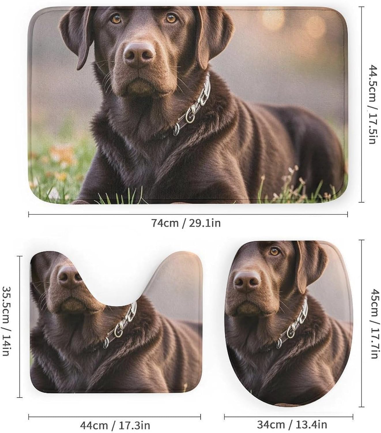 4 Piece Bathroom Rug Set with Shower Curtain, Non-Slip Bath Mat Toilet Cover Set, Brown Labrador Retriever Bathroom Rug Sets