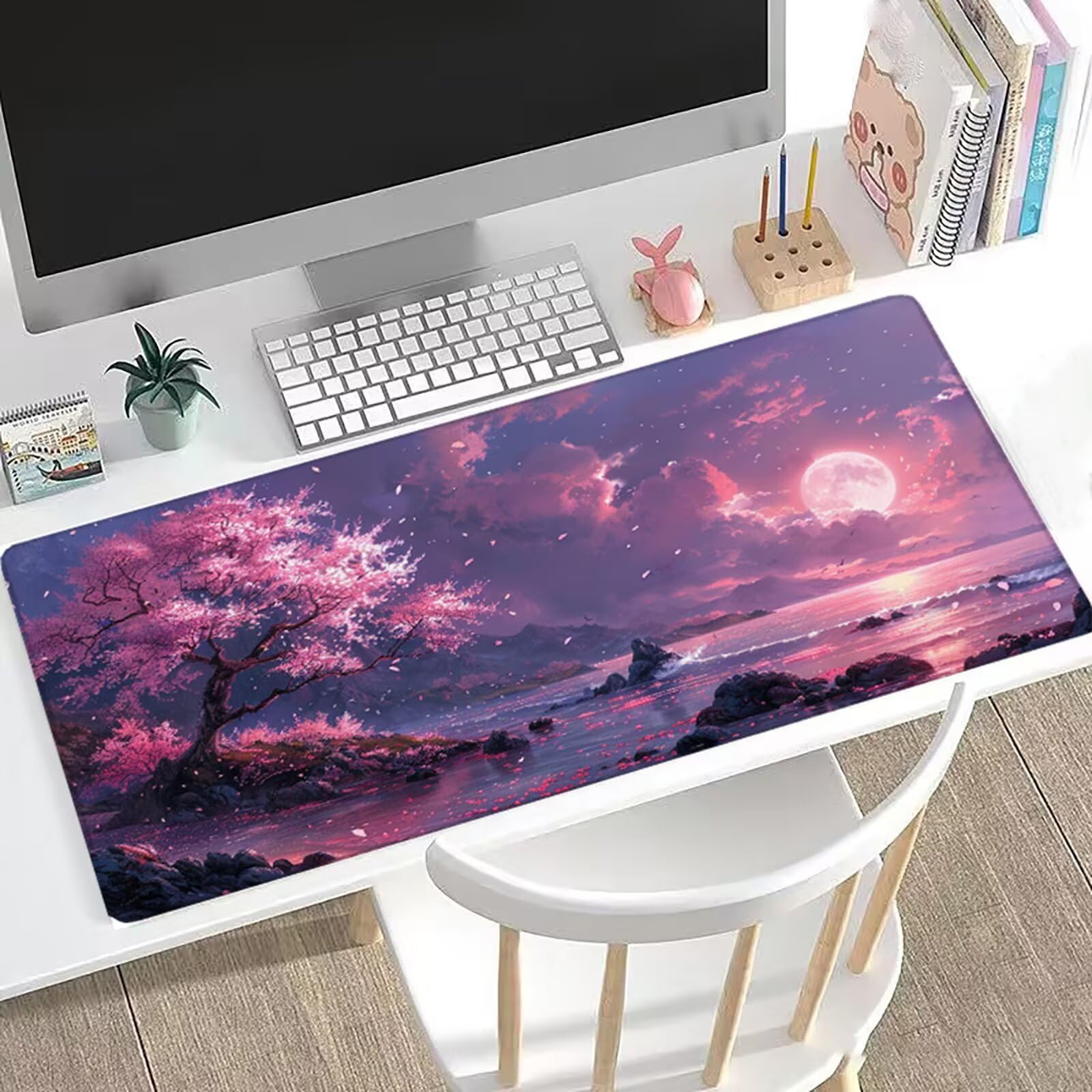 Podkładka pod mysz, gamingowa podkładka pod mysz, księżyc, podkładka na biurko, duża, 1500 x 800 x 3 mm, XXL, długa podkładka pod mysz, klawiatura komputerowa, z antypoślizgową podstawą, przeszywane