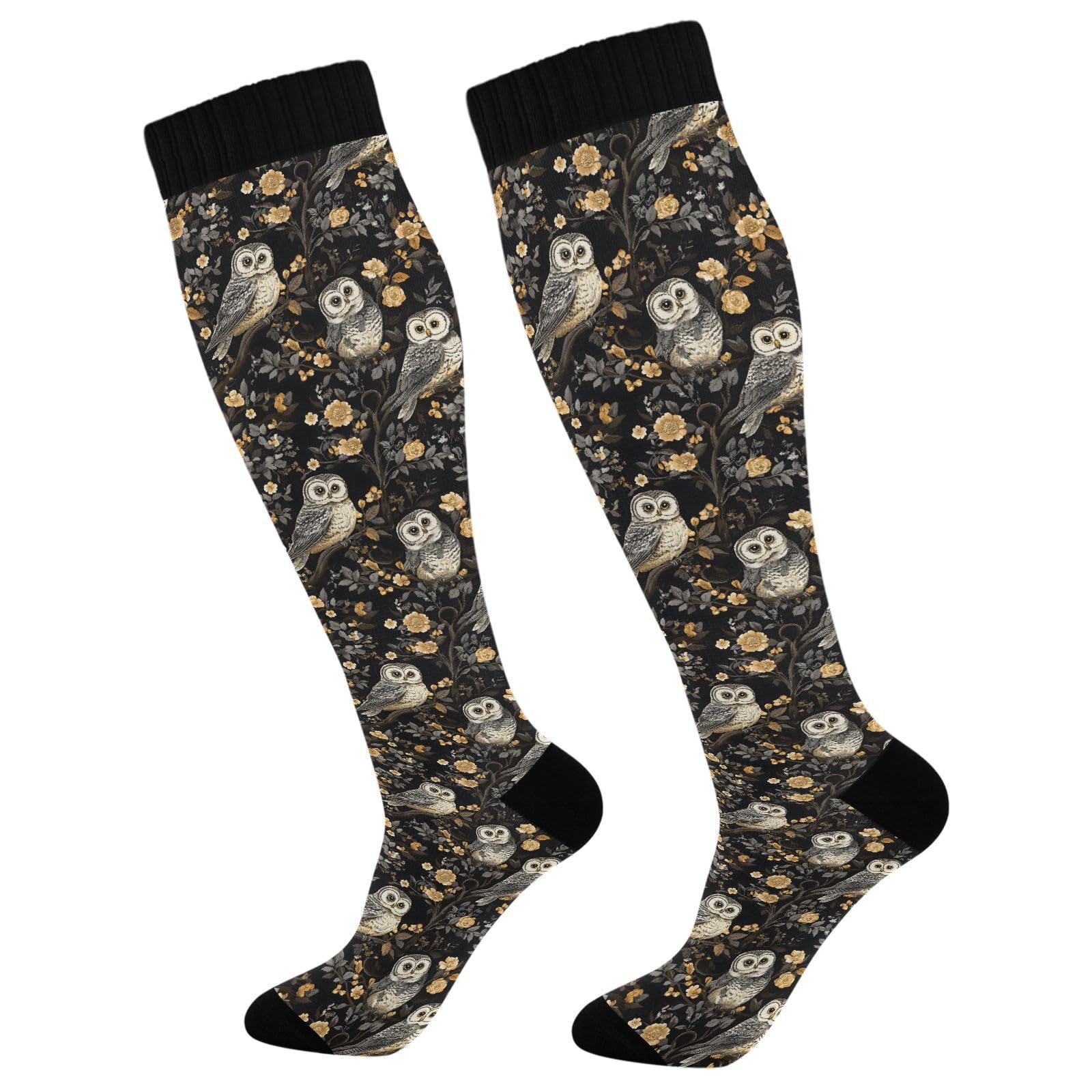 ALAZA Owl Flower Black Compression Socks for Women Men Circulation Long Socks Running Athletic Cycling 2 pair