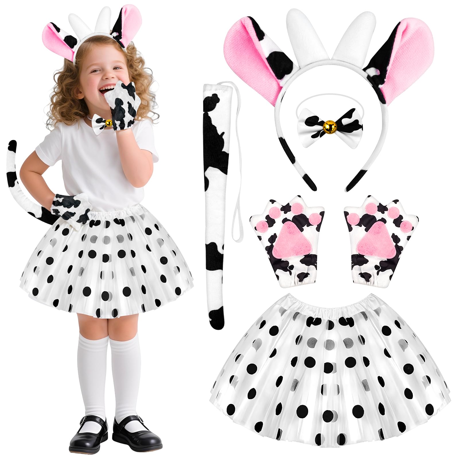 Jokureao 5Pcs Kids Cow Costume Set, Cow Costume Kids with Cows Ears Headband, Tutu Skirt, Tail, Gloves