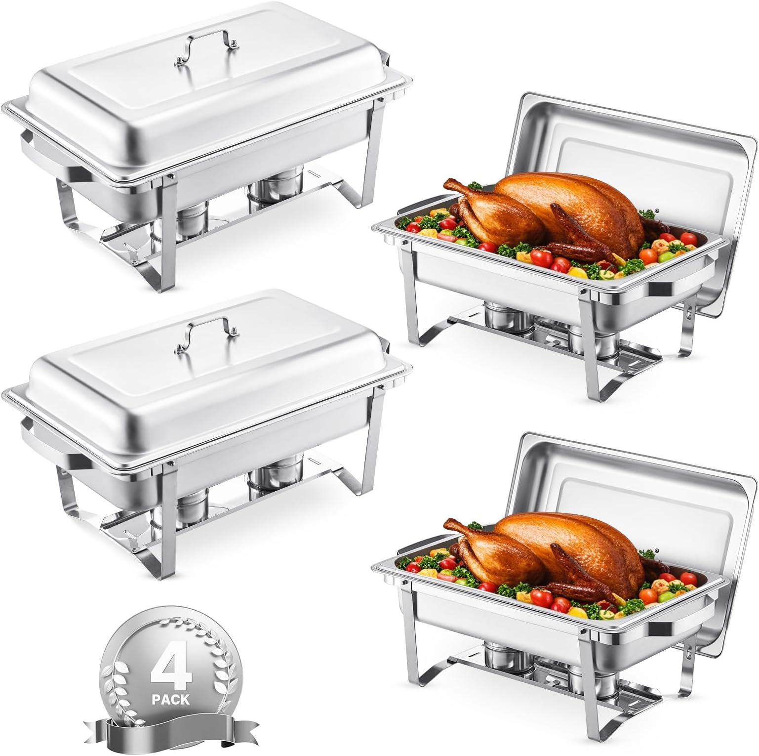 Chafing Dish Buffet Set, 8 Qt 4 Pack, Stainless Chafer with 4 Full Size Pans, Rectangle Catering Warmer Server with Lid Water Pan Folding Stand Fuel Tray Holder Spoon Clip