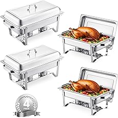 Chafing Dish Set, 8 Qt 4-Pack – No Assembly, Satin Finish Stainless Steel with Full-Size Pans, Lids, Water Pans, Folding Stands & Fuel Tray Holders – Catering Warmers