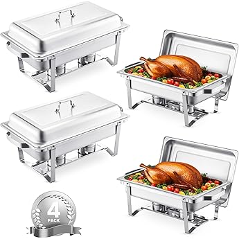 Chafing Dish Set, 8 Qt 4-Pack – No Assembly, Satin Finish Stainless Steel with Full-Size Pans, Lids, Water Pans, Folding Stands & Fuel Tray Holders – Catering Warmers