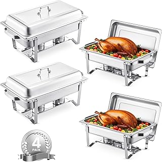 VEVOR Chafing Dish Buffet-Set 4 Stk Edelstahl-Speisenwärmer mit 4 Pfannen in voller Größe (7,5 L), rechteckiger Catering-Wärmespender mit Deckel & Wasserpfannenständer & Brennstoffhalter Buffer Silber