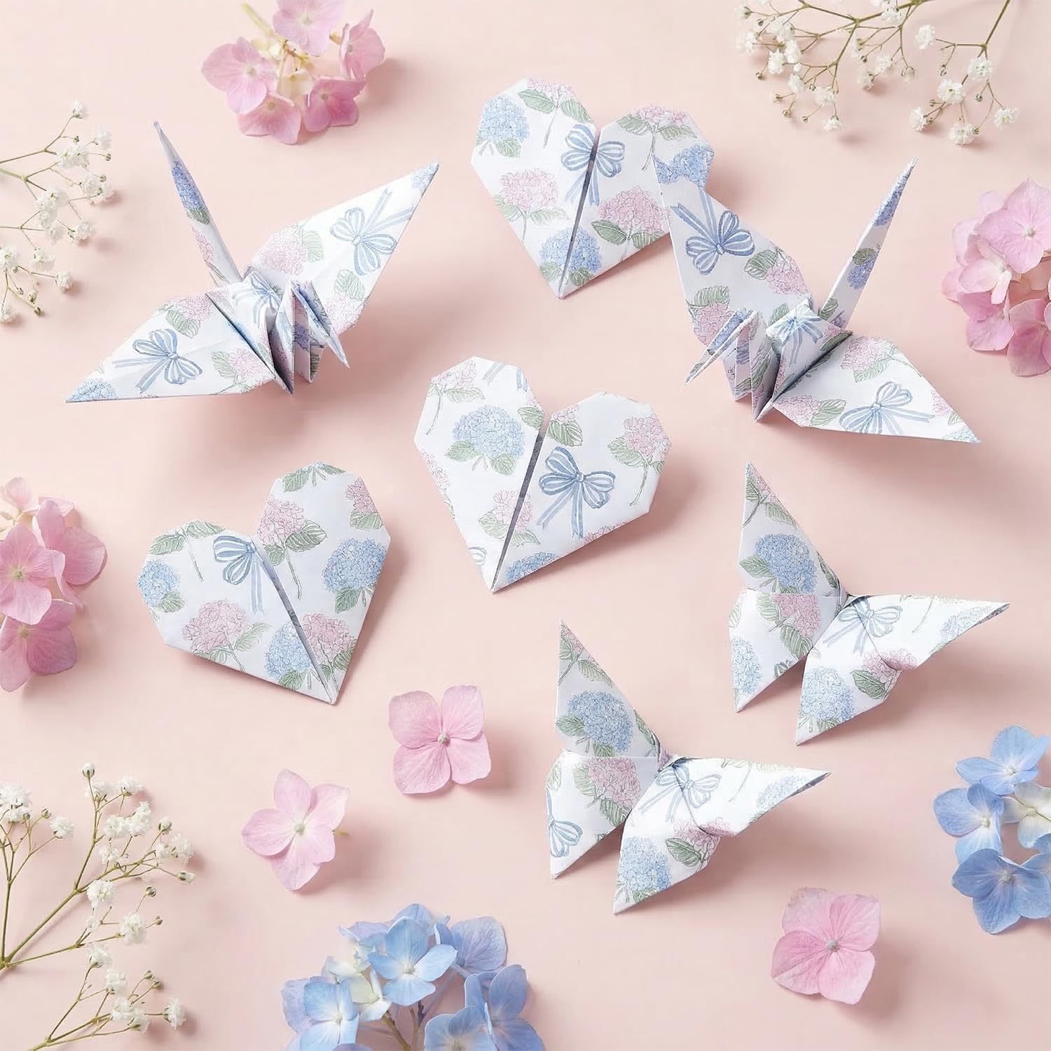 24 Sheets Hydrangea Floral Pattern Paper - 12 x 12In, Double-Sided Scrapbook Craft Designs, Vintage Blue Pink Flower Bow Decorative Sheets for Card Making Photo Album Journal DIY Crafts