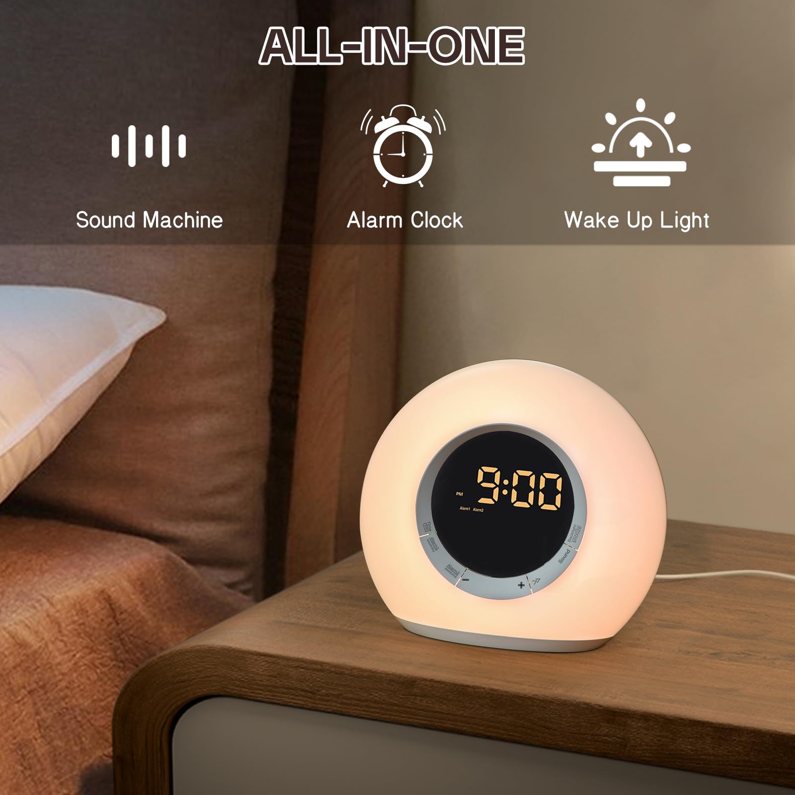 iHoo All-in-One Alarm Clock with Sound Machine, Touch Control Nightlight?Two Alarms, 10 White Noises, Snooze and Sleep Timer, Ideal for Adults, Teens and Children