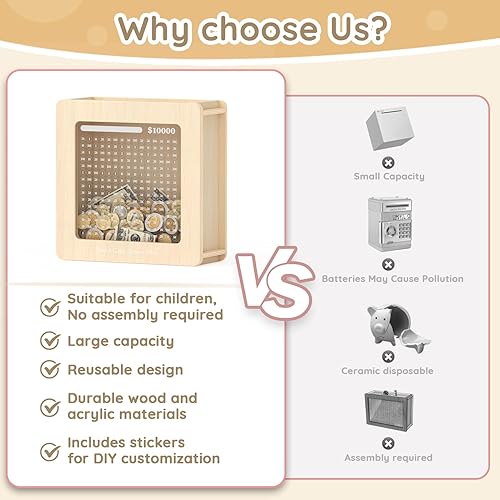 Miniatura 6 de Wooden Piggy Bank for Kids and Adults, 10000 Cash Vault Money Savings Box with Tracker Stickers, Personalized Coin Bank Gifts Card Box, for Birthday