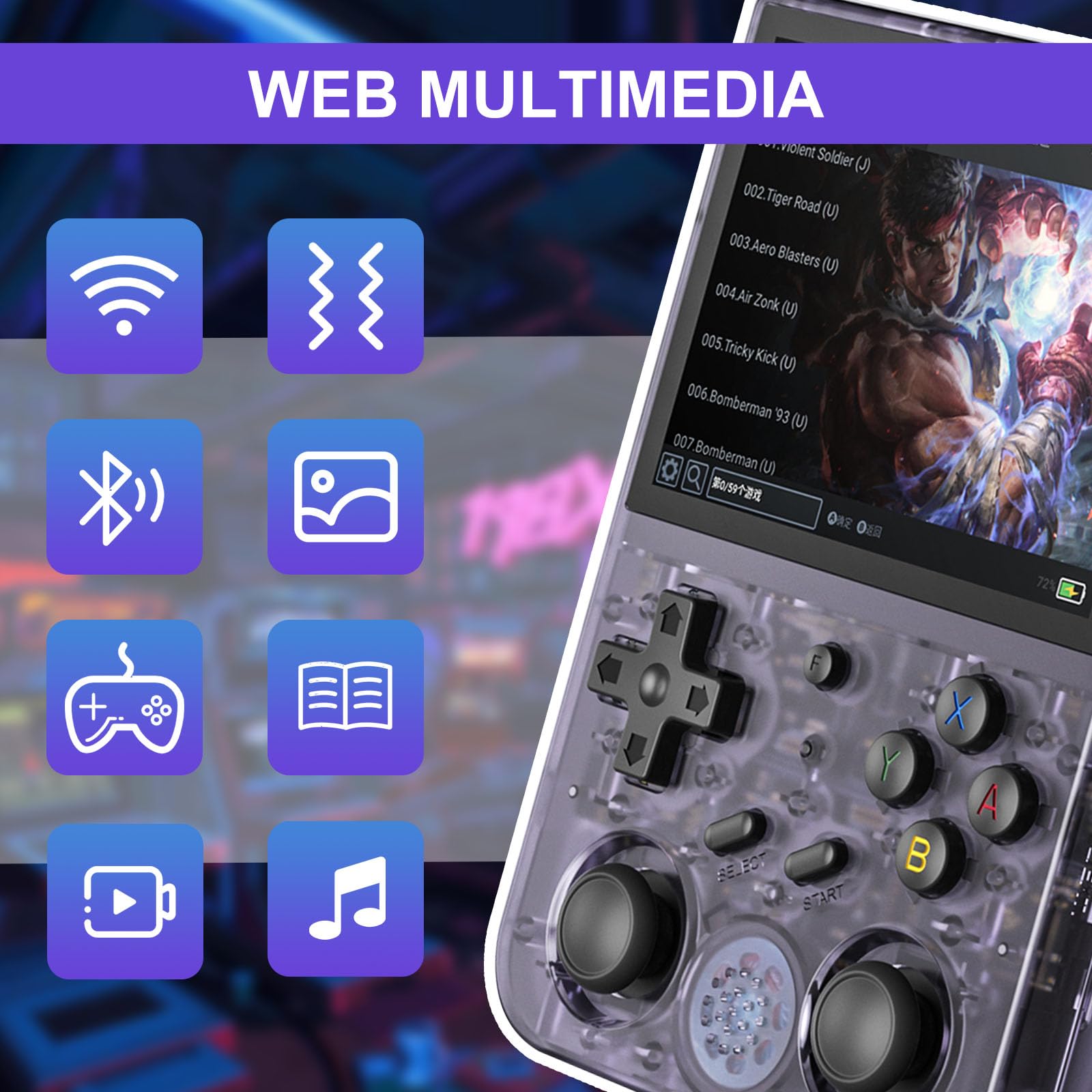 Anbernic RG353V, Console Portatile16GB+64G, Console Giochi con Linux Sistema e RK3566 sistema Android 11, Retro Console Funzione WIFI e Bluetooth e 4452 Giochi,Trasparente Viola