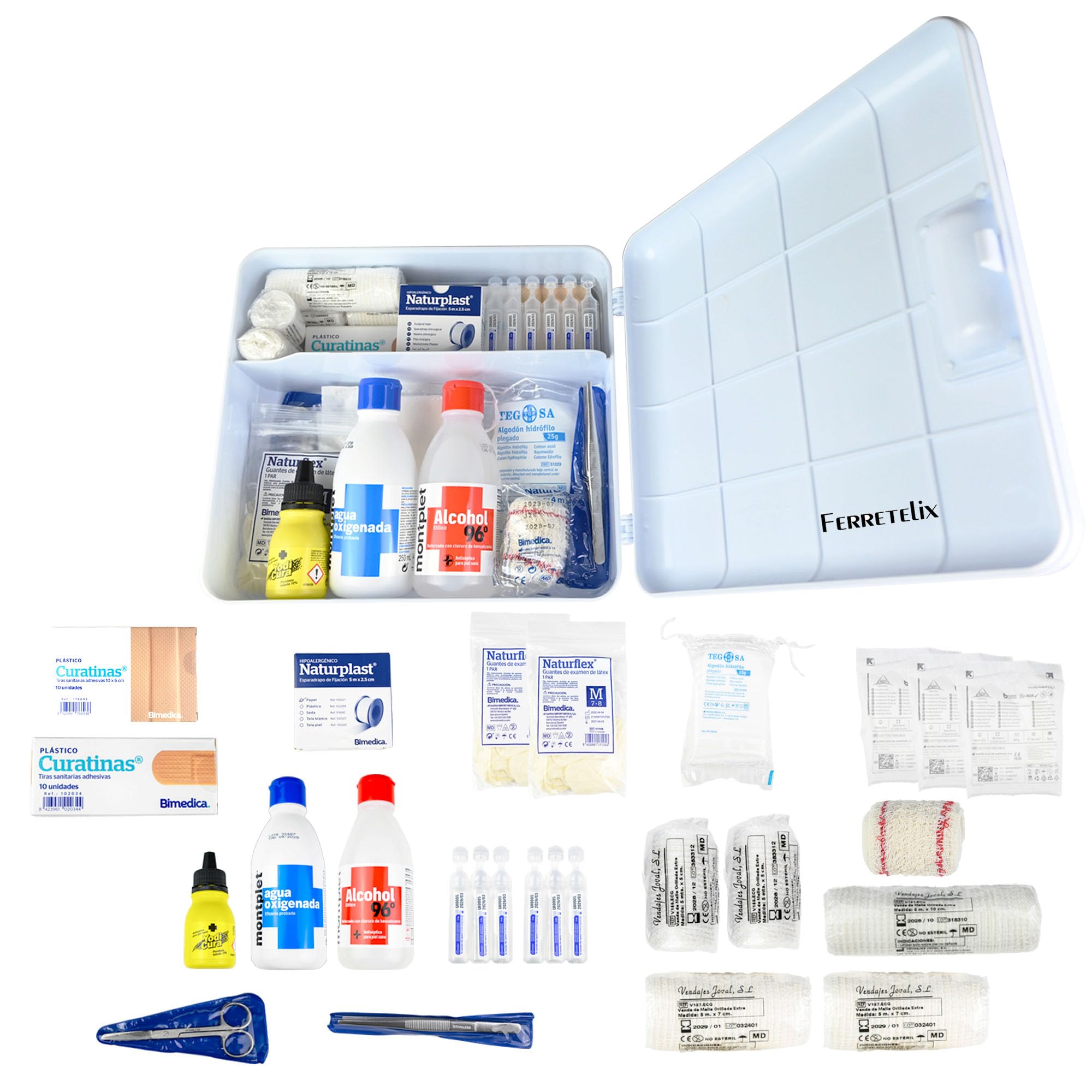 Ferretelix®, ARMARIO BOTIQUIN EQUIPADO CON VARIOS ARTICULOS PARA REALIZAR PRIMERAS CURAS EN CASO DE EMERGENCIA TAMAÑO: 245 MM X 280 MM X 100 MM BLANCO PARA COLGAR EN LA PARED