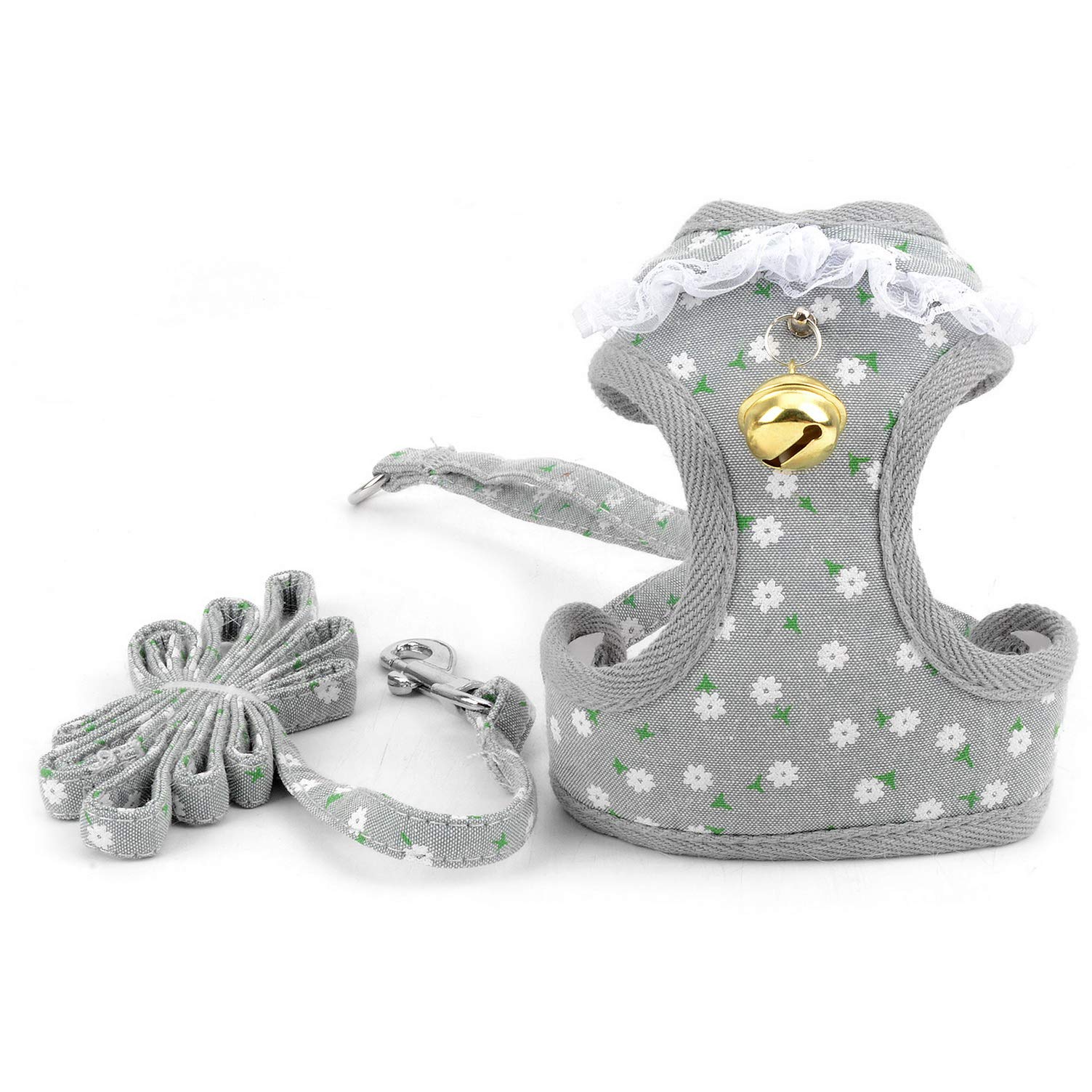 SMALLLEE_LUCKY_STORE Lace Bell Girls Small Dog Harness and Lead Set for Walking Escape Proof No Pull Soft Mesh Padded Adjustble for Cat Puppy Yorkie Chihuahua,Grey Flowers,S