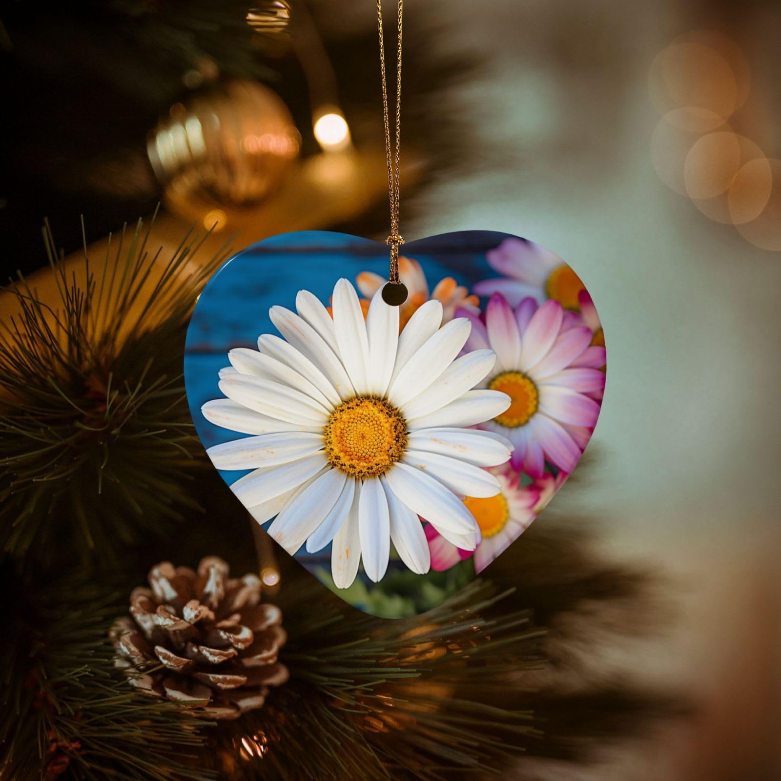 Christmas Ornaments for Christmas Tree Decoration Hanging Barberton Daisy Ornament with Gold Ribbon Crafts Heart Shape Ceramic Pendant for Keepsake Gifts Xmas Decor Party Supplies