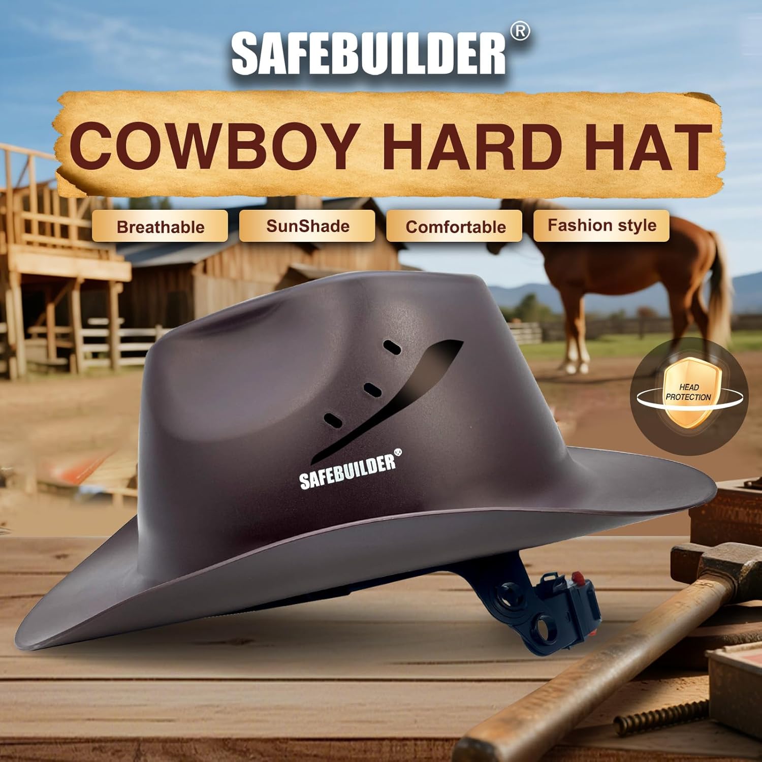 SAFEBUILDER Cowboy Style Hard Hat Class C Safety Helmet Vented Full Brim Hard Hats Work Safety Helmet for Men and Women Outdoor,Industrial,Construction Head Protection- ANSI Approved
