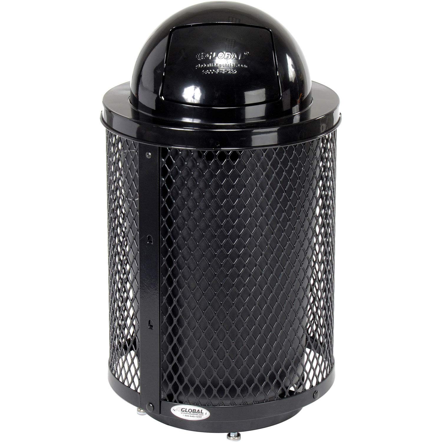 Global Industrial 36 Gallon Outdoor Steel Trash Can with Dome Lid and Raised Base, Plastic Liner and Anchor Kit Included, 23-1/2" Diameter x 43" H, Powder Coat Finish, Unassembled, Black