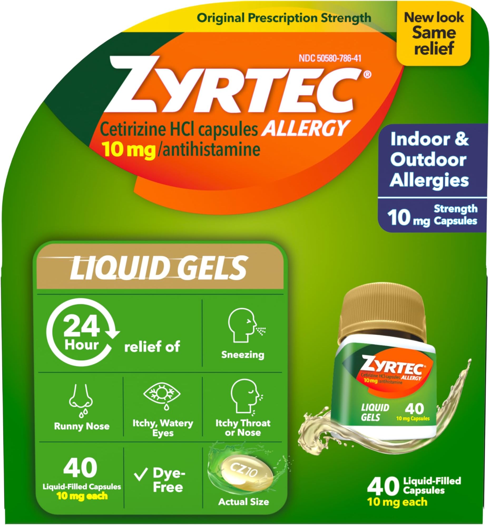 Zyrtec 24 HR Indoor & Outdoor Allergy Liquid Gels Capsules, Cetirizine HCI Antihistamine, 40 ct
