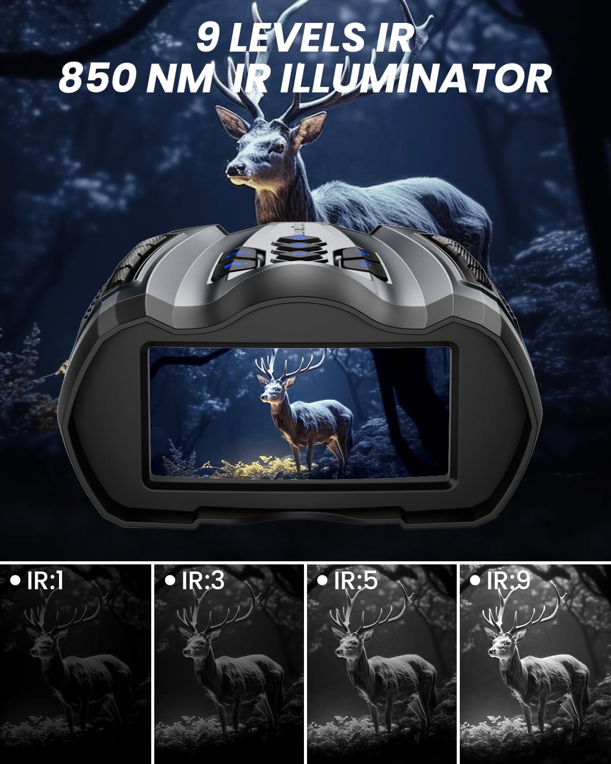 Close-up of the WARMTUYO 4K Night Vision Binoculars showing the 3.5 inch HD display with an owl image, and the control buttons.