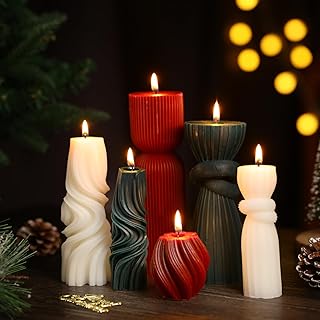 6 Pcs Pillar Candles Modern Aesthetic Ribbed Decorative Candle Set Cute Soy Wax Scented Ribbed Decor for Home(Green, Red, White,2.36-6.89 Inch)