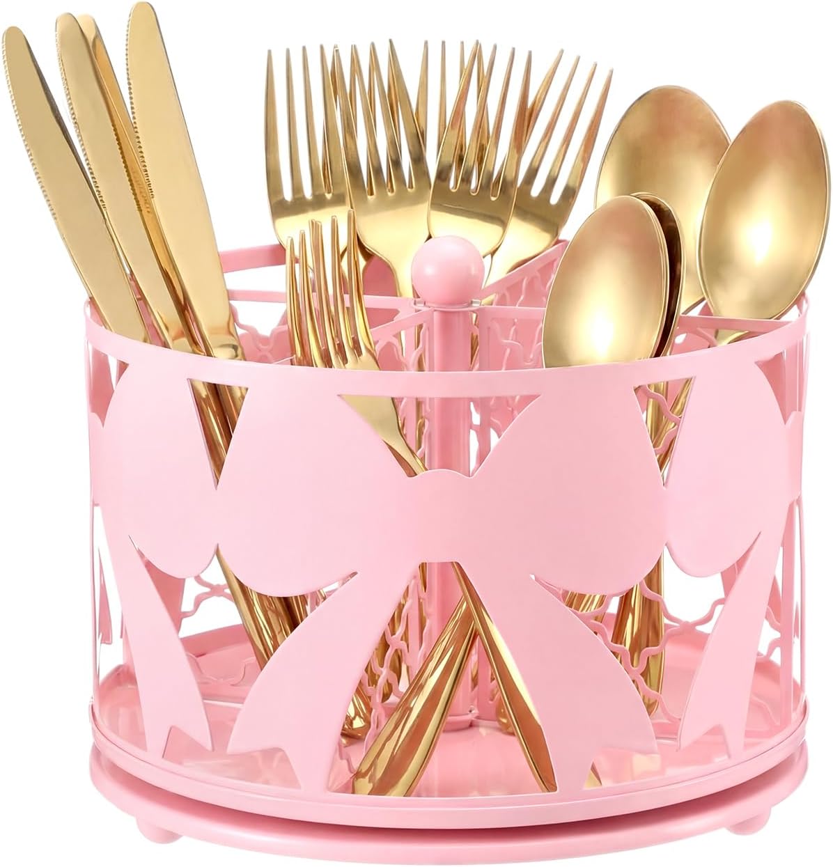 Pink Bow Utensil Holder for Kitchen Counter, 360° Rotating Utensil Caddy Silverware Cutlery Caddy Holder with 4 Compartment, Coquette Preppy Aesthetic Desk Decor for Girls Women Gifts