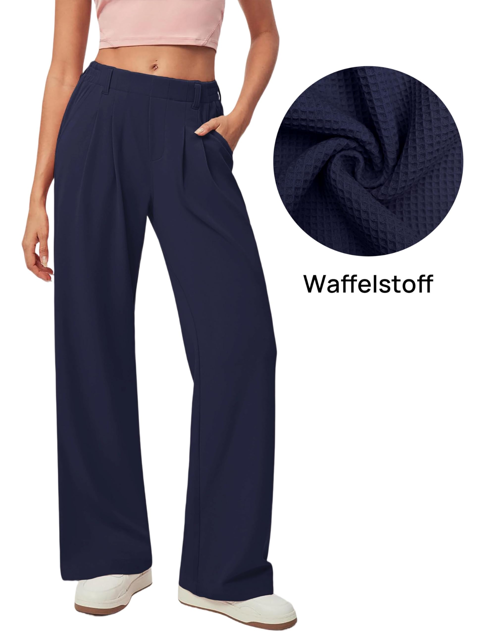 Timuspo Palazzo - Pantaloni da donna in tessuto a nido d'ape, eleganti, casual, a vita alta, con elastico, taglio ampio, per il tempo libero