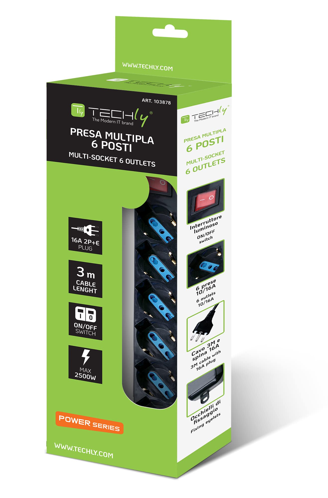 Techly IUPS-PCP-16BK3 base múltiple Interior 3 m 6 salidas AC Negro - Bases múltiples (Interior, 3 m, 6 salidas AC, Tipo L (IT), Tipo F, Tipo L, Negro)