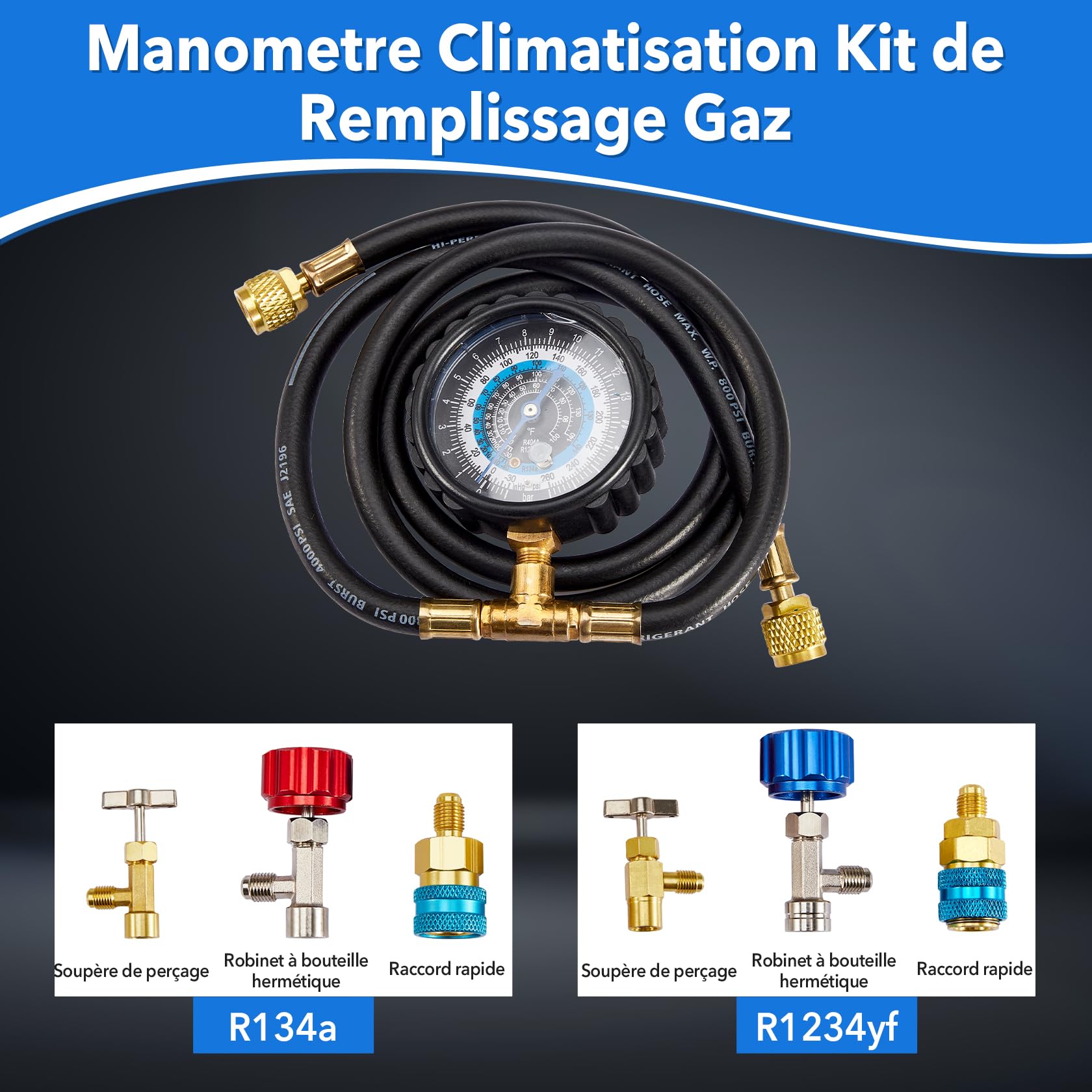 Pindex Kit de Recharge Clim Auto R1234YF, Kit R134A de Recharge pour Climatisation de Voiture, avec Raccord Climatisation