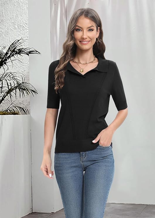 Urban CoCo Women's Casual Summer Short Sleeve Sweater Button Down V-Neck Knitted Crop Tops