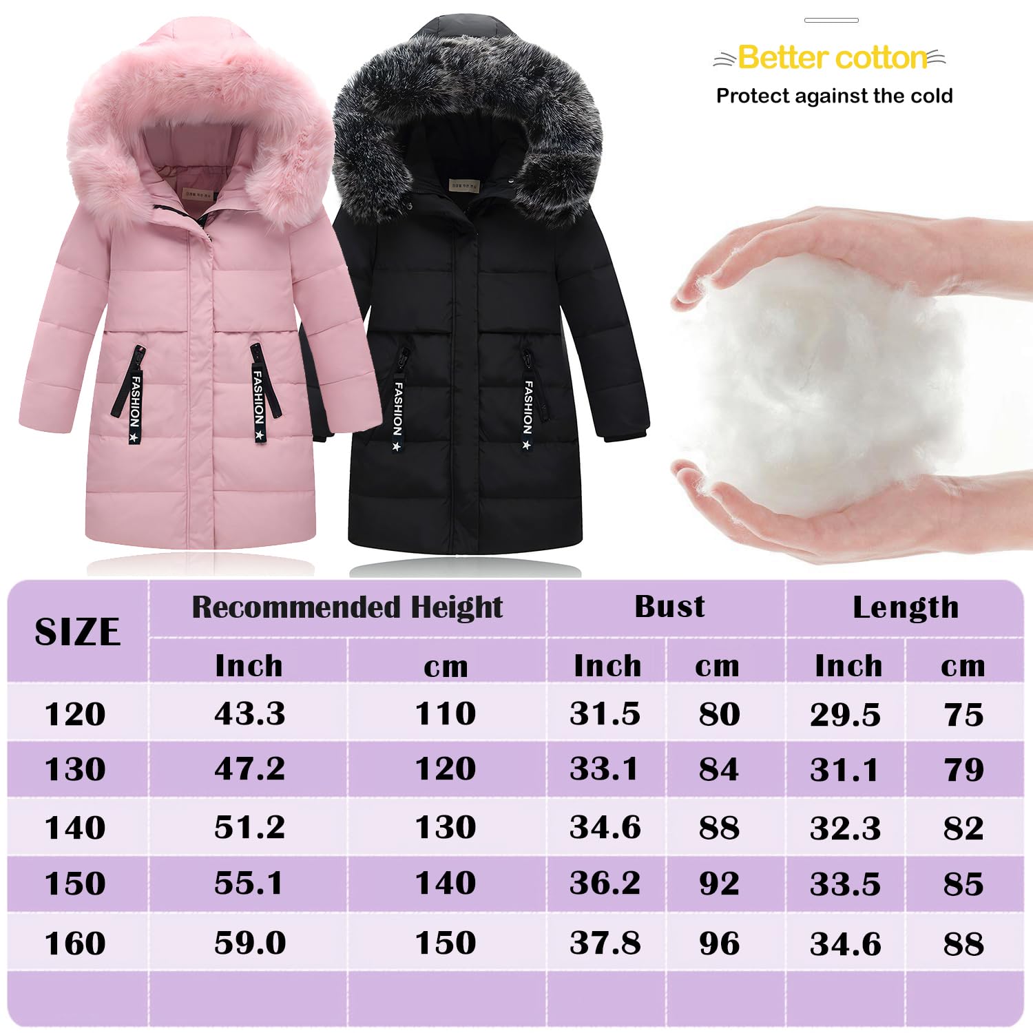 Fille Manteau d'Hiver Chaud Veste Enfant Doudoune mi Long Coupe Vent Parka mit Capuche Fourrure