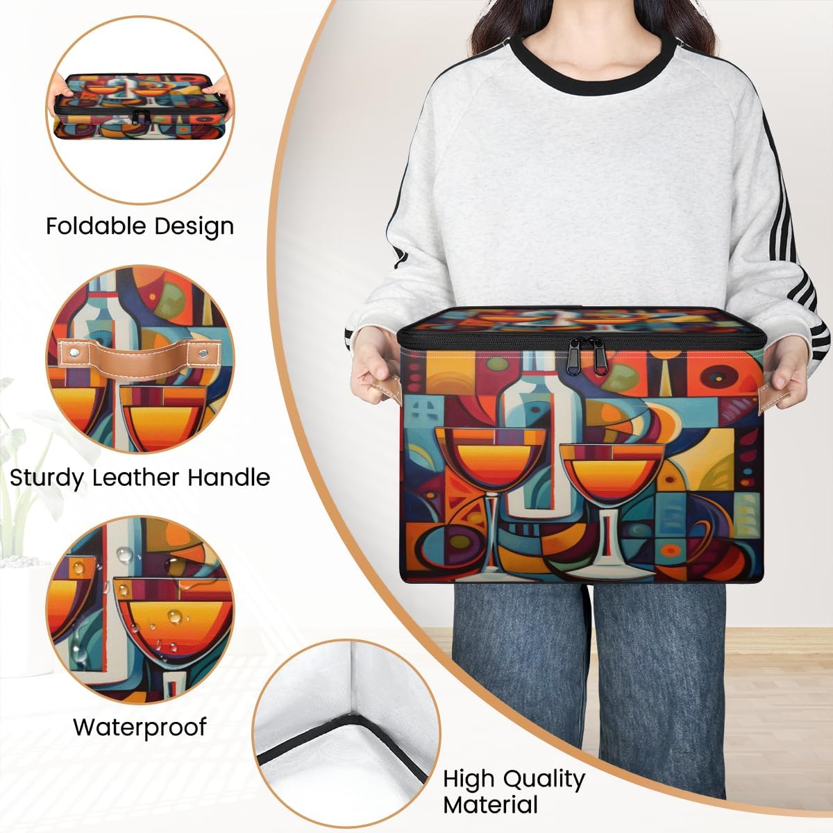 Storage Bin Set of 2 Abstract Art Wine Storage Basket with Zipper Lid & Handle Foldable Closet Shelf 2 Pack Cloth Organizer Basket Cube Bins Clothes Organizer for Nursery, Bedroom