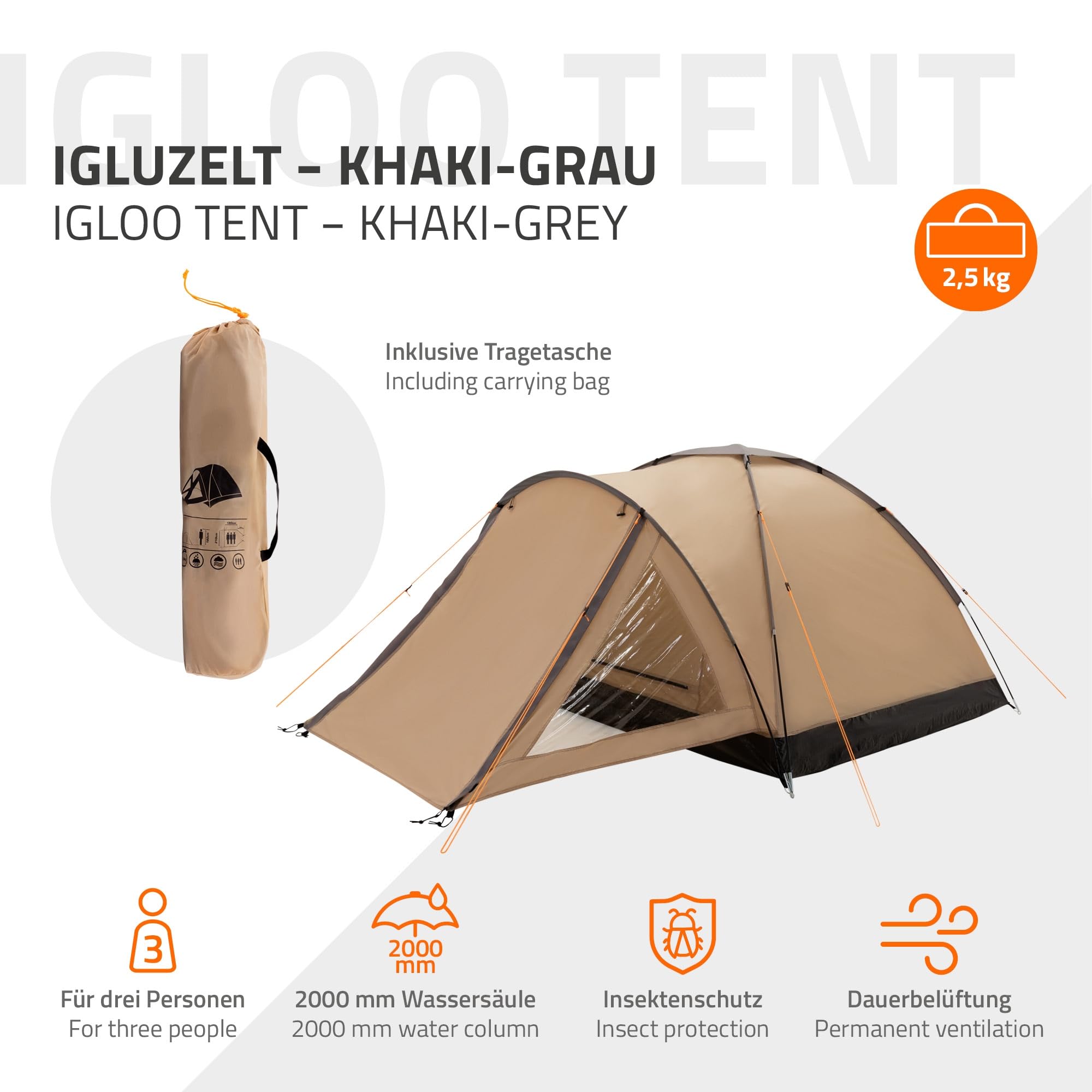 ECD Germany Igluzelt Campingzelt Für 3 Personen 210x180x120 Cm Beige Grau Wasser Winddicht Personen 3 Kuppelzelt 210x180x120cm Khaki Beige Grau Familienzelt Mit Moskitonetz S0xe6091