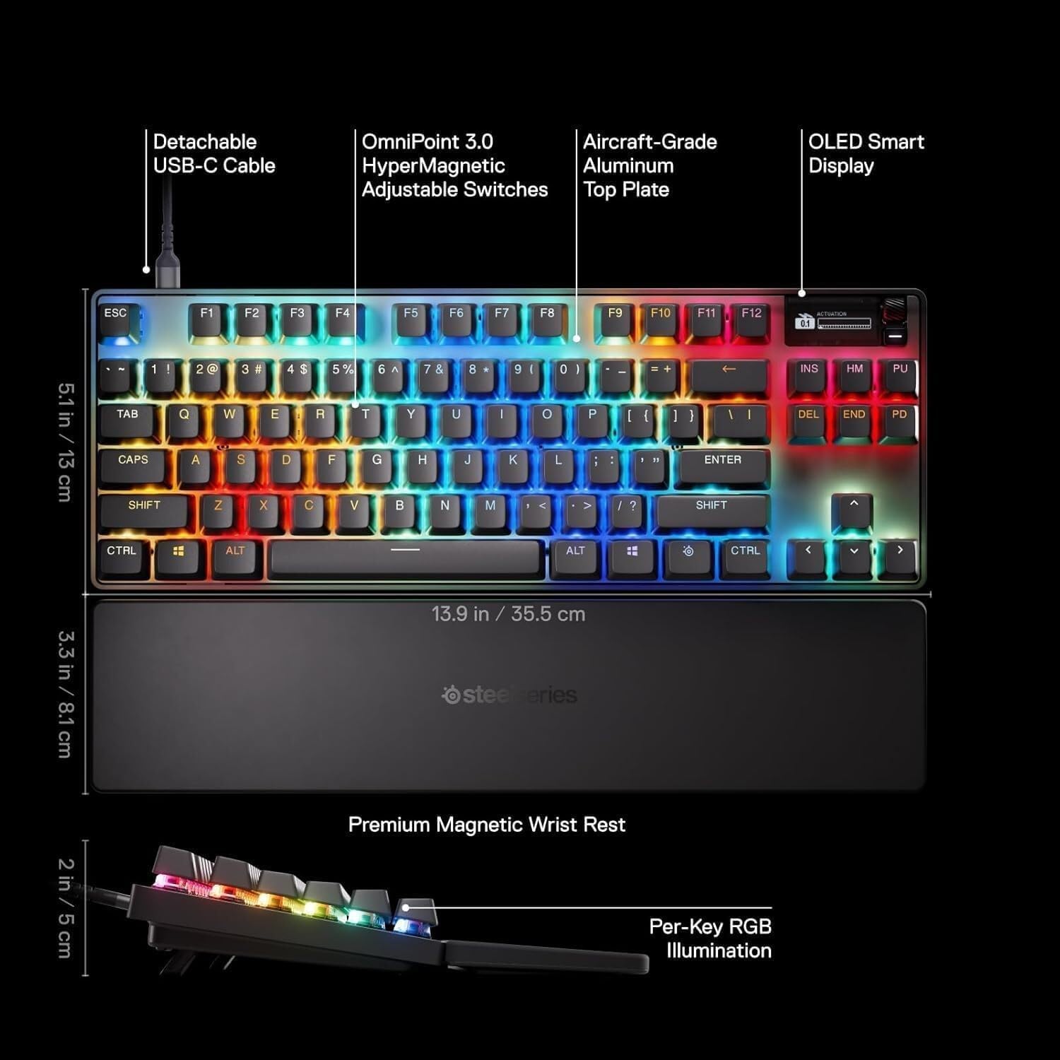 SteelSeries Apex Pro TKL Gen 3 Mechanical Gaming Keyboard with OmniPoint 2.0 HyperMagnetic Adjustable Switches, USB, 108 Keys, RGB Backlighting