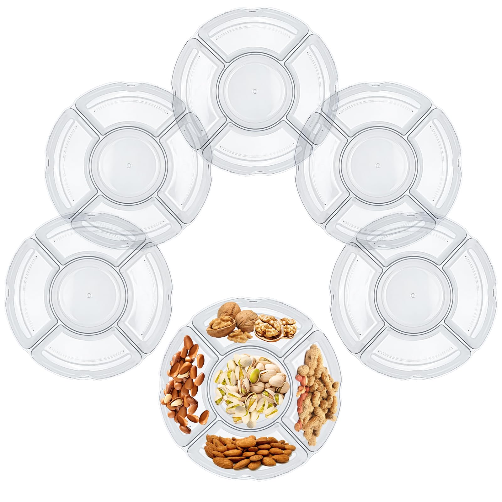 5 Pack Clear Compartment Trays With 5 Section, Reusable Plastic Trays And Platters,Plastic Divided Appetizer Tray for Relish Dishes, Party, Veggies, Nuts, Fruits, Candy, Cookies, Chip and Dip
