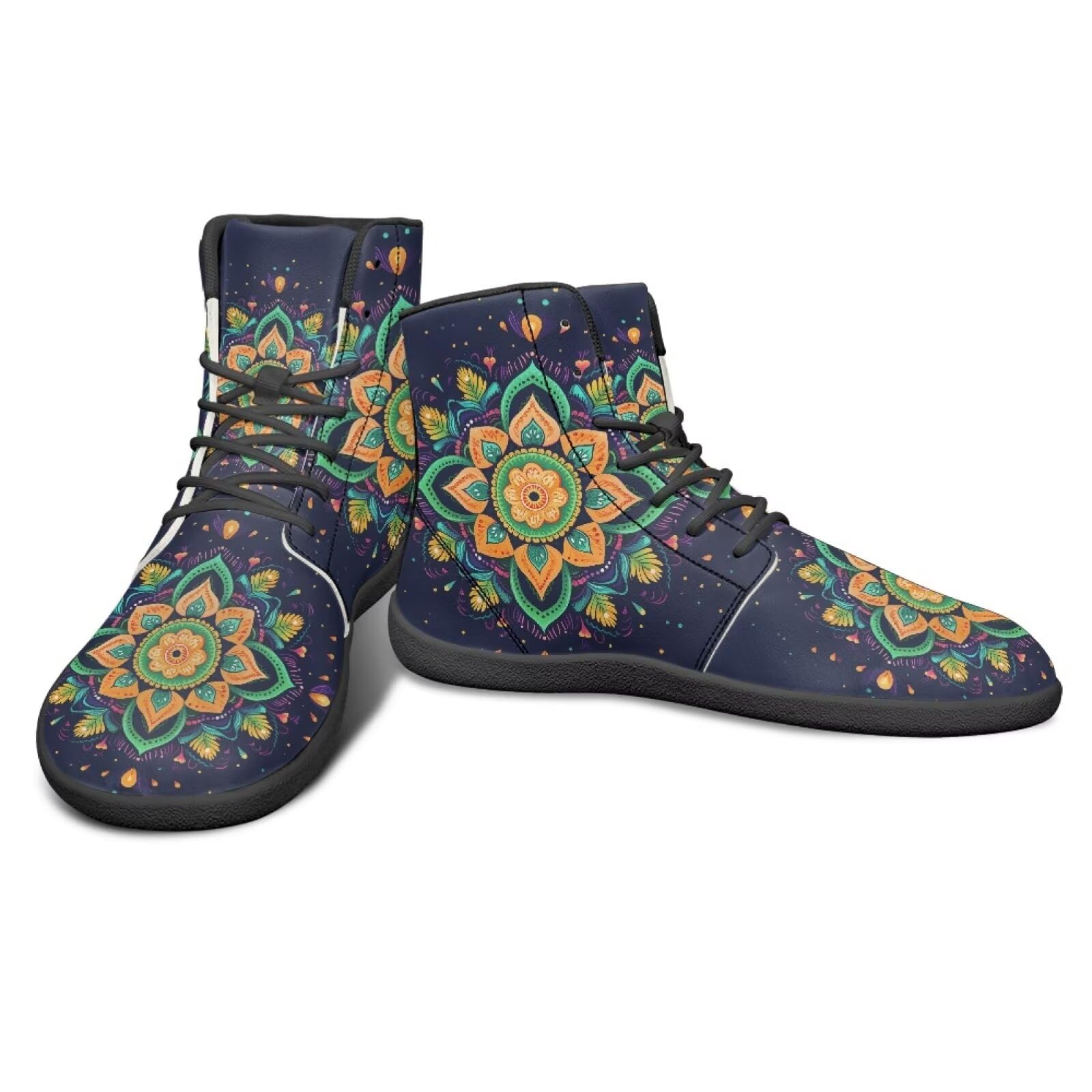 Watdotory High Top Barefoot Shoes Rubber Sole Running Shoes Non Slip Barefoot Boots Wide Toe Box Grounded Footwear for Men Women - Colourful Mandala Flower Print