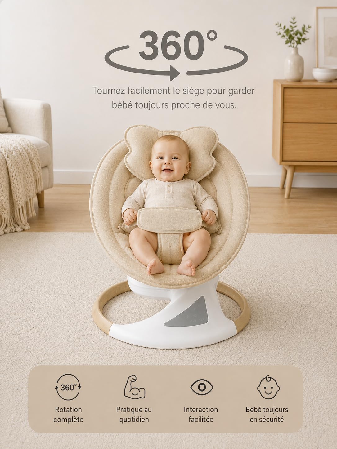 BEBE2LUXE EMY : Balancelle Bebe/Transat Bebe électrique, Effet Bois, Balancement Naturel, Multi-Position 360, Bluetooth, télécommande (Gris)