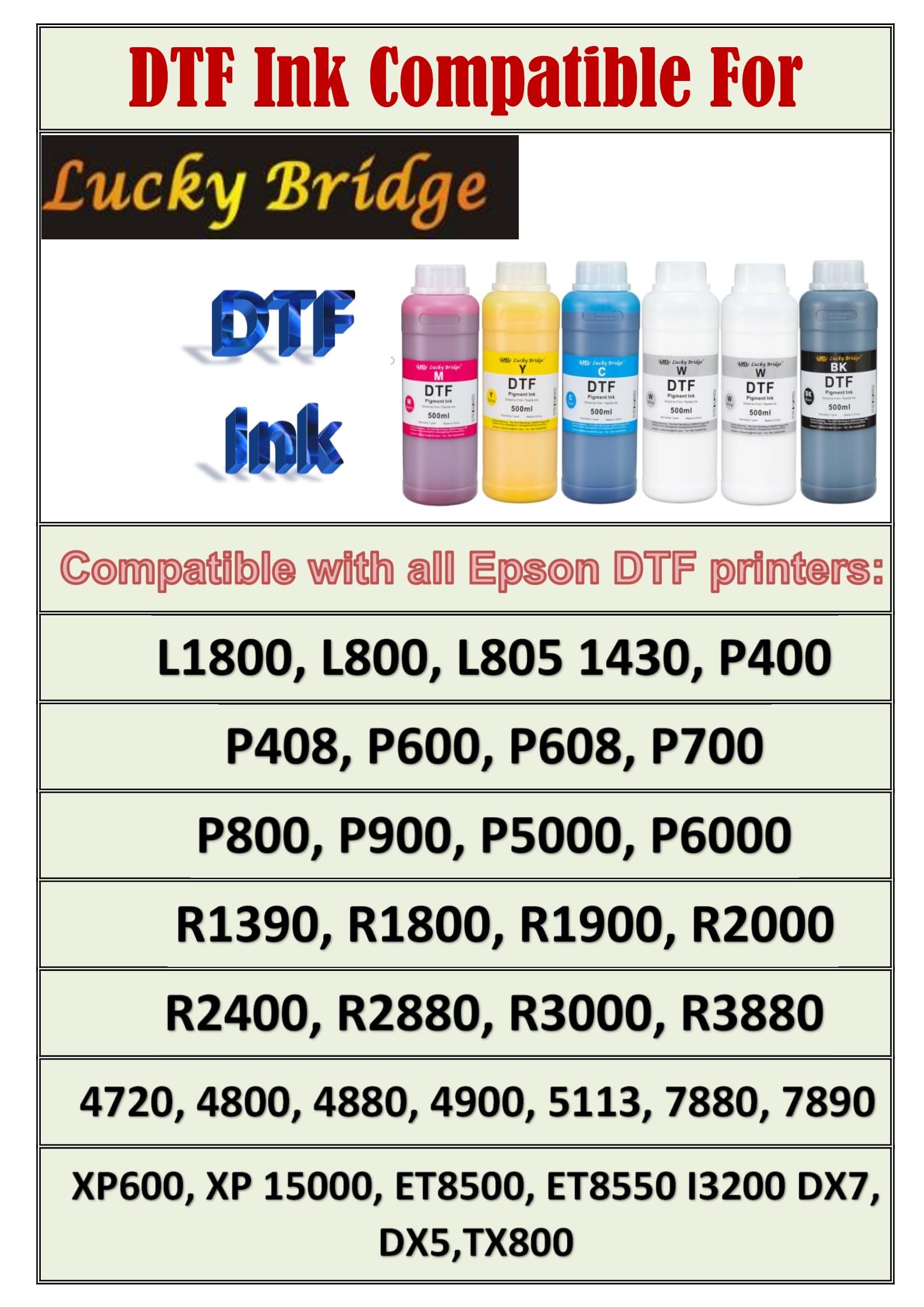 Encre Blanche DTF 500 ML pour Imprimante Epson | Encre à Pigments, Qualité Supérieure, Transfert Thermique PET, Compatible Têtes DX5 DX7 5113 XP600